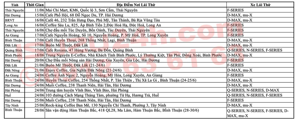 Lich lái thử xe Isuzu tháng 06/2023